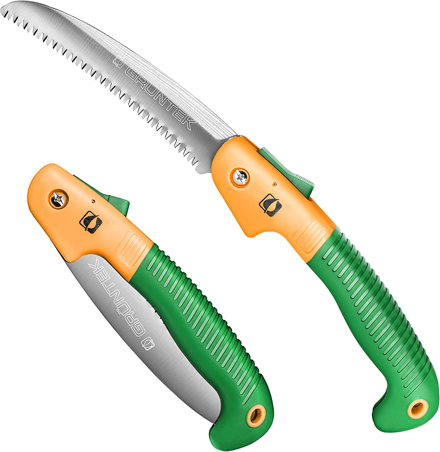 Vista plegada y abierta la Sierra de Mano Plegable TIBURÓN para poda y jardinería dentado japonés. GRÜNTEK