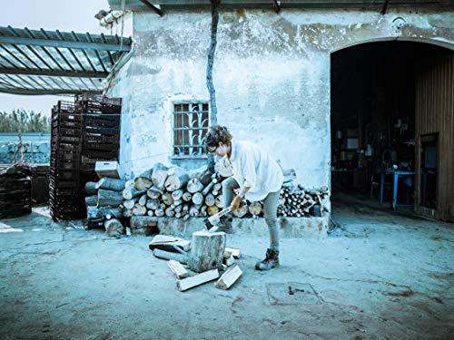 Vista de ambiente cortando leña en casa rural con Hacha Vizcaína con Mango de Madera. Hecha en España por Bellota
