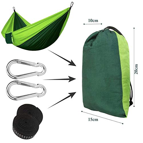 Kit del producto para guardar en la bolsa de transporte de la Hamaca Colgante 270 x 140cm hasta 300 kg Ultra Ligera de Nylón de Paracaída Portátil y Transpirable, Ideal para Viaje Jardín, Camping (Color Verde). Eastshining