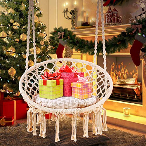 Vista en salón con la Silla Colgante con cojín Suave y Kit de Montaje para Colgar, Duradero, Fabricado con Cuerda de macramé de algodón 100% para Interior. Ohuhu