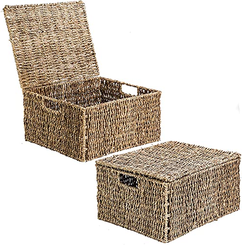 Cesta multiuso de Algas Marinas naturales con Tapa de ratán con tapa con bisagras. Vista general con tapa abierta y cerrada. M&W. XL Hamper