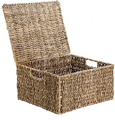 Cesta multiuso de Algas Marinas naturales con Tapa de ratán con tapa con bisagras. Vista general con tapa abierta. M&W. XL Hamper