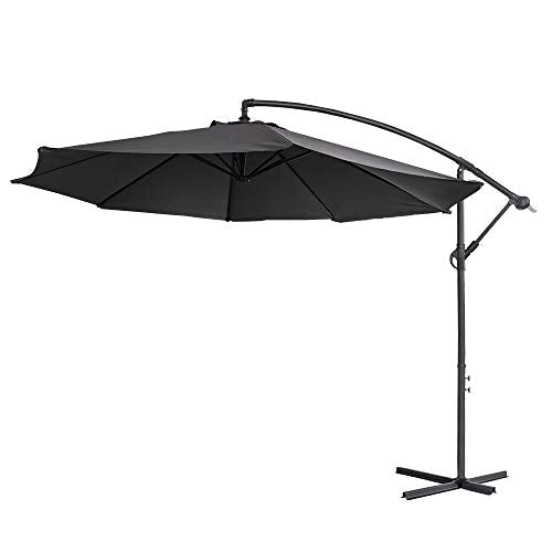 Vista general de la Sombrilla Parasol Mástil de Aluminio y 100% Poliester Ø 350cm Tela protección UV 40 + y Impermeable para Jardín o Terraza, Gris Oscuro. HENGMEI