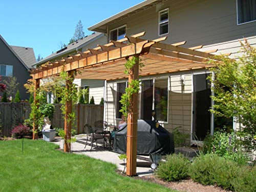 Entrada o porche desde el jardín con sombraje de madera y el Toldo Vela Rectangular 4x6 m Transpirable Color Arena | Se instala fácil, Manual y Cuerdas 1,5m x4. JOYARDS