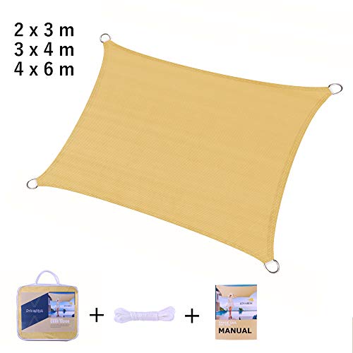 Medidas disponibles y set de producto del Toldo Vela Rectangular 4x6 m Transpirable Color Arena | Se instala fácil, Manual y Cuerdas 1,5m x4. JOYARDS
