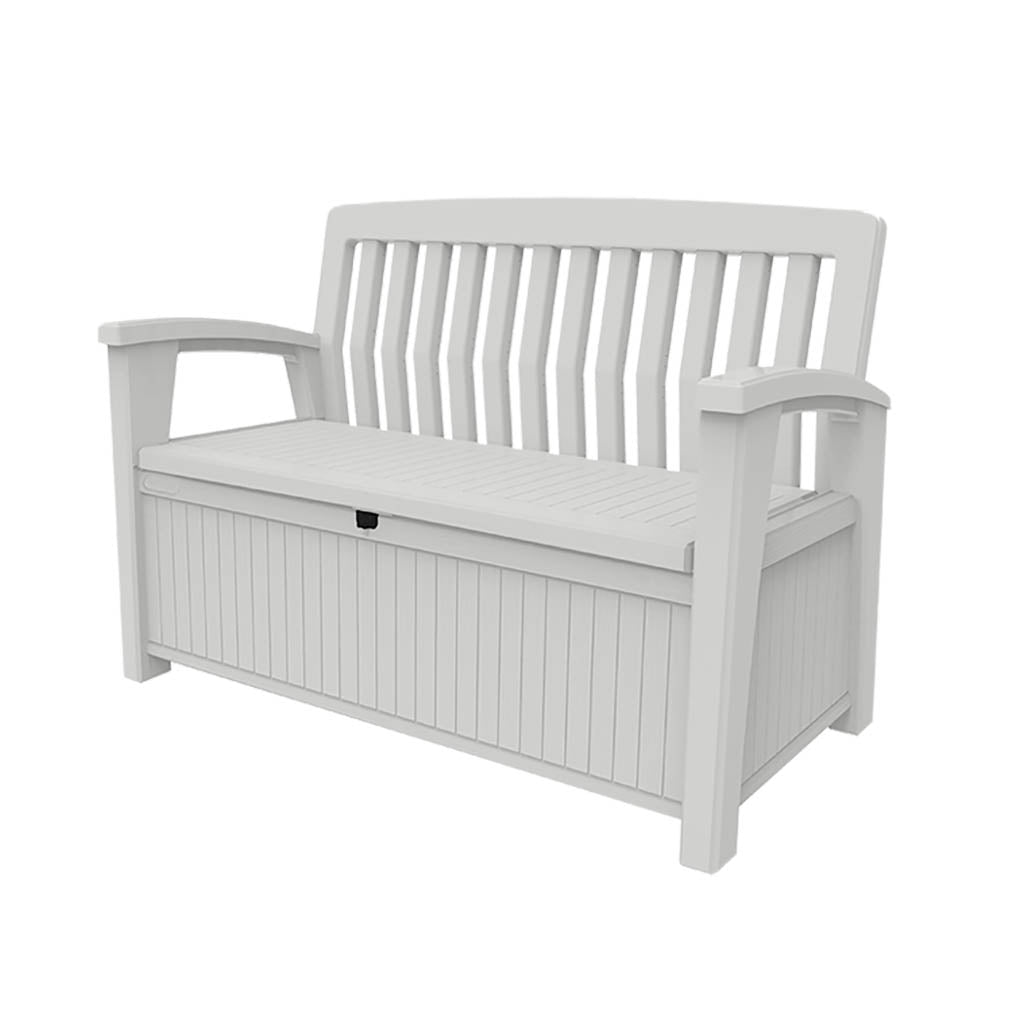 Banco de jardín Keter con baúl de 227 litros para exterior Color Blanco para Chalet y jardín. Vista con tapa cerrada