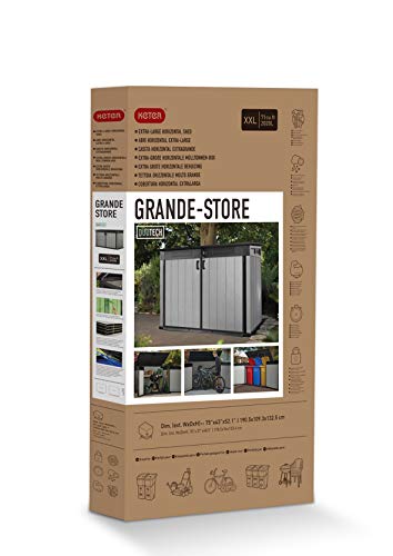 Cobertizo de jardín exterior Duotech Grande Store, 2.020 litros, Color gris. Vista general. Packaging. Keter