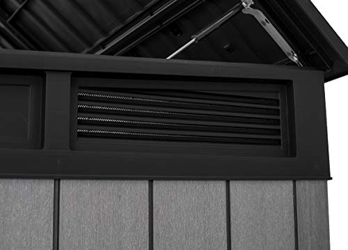 Cobertizo de jardín exterior Duotech Grande Store, 2.020 litros, Color gris. Vista general. Rejilla de ventilación. Keter