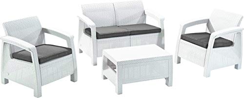 Conjunto de jardín de 4 plazas: 1 asiento doble y 2 sillones individuales con cojines y 1 mesa baja en ratán blanco Vista conjunto blanco general. Corfu. Keter