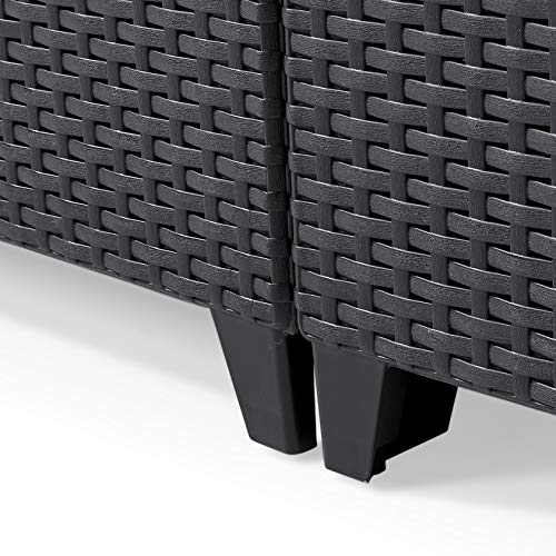 Conjunto jardín 4 plazas. 1 Sofá de 2 plazas + 2 sillones + mesa baja Emma, color grafito. Detalle de patas. Keter