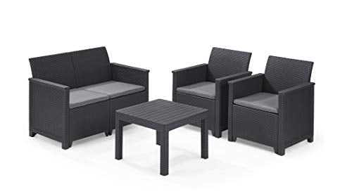 Conjunto jardín 4 plazas. 1 Sofá de 2 plazas + 2 sillones + mesa baja Emma, color grafito. Vista de conjunto. Keter