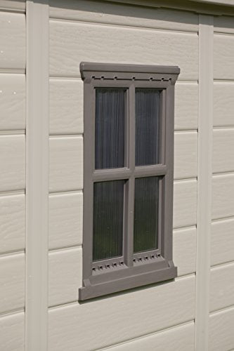 Caseta de jardín exterior Factor 6x3 con escuadra incluida, Marrón y Beige. Detalle de ventana. Keter