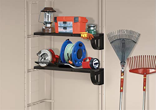 Caseta de jardín exterior Factor 6x3 con escuadra incluida, Marrón y Beige. Detalle interior con baldas y enseres. Keter