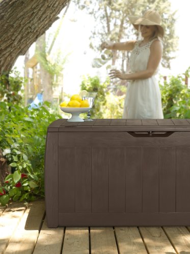 Baúl de exterior Hollywood - Arcón para jardín o balcón Color marrón. Vista en ambiente exterior. Keter