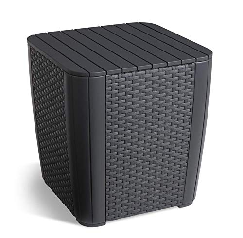 Conjunto de terraza o balcón Iowa con mesa Luzon y cojines incluidos, Grafito. Vista de mesita. Keter