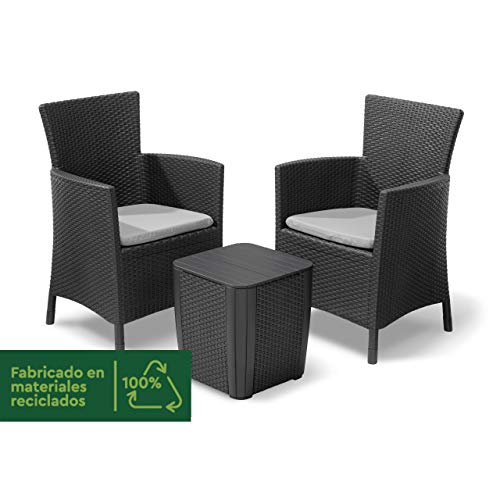 Conjunto de terraza o balcón Iowa con mesa Luzon y cojines incluidos, Grafito. Fabricado 100% con materiales reciclados. Keter