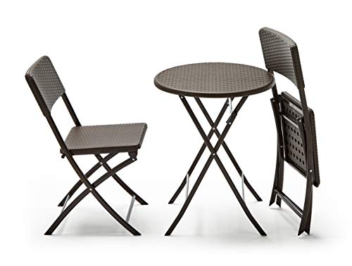 Conjunto Balcón Terraza Plegable, 1 mesa redonda + 2 sillas, Marrón Imitación Ratán, Lux Balcon 60R. Vista general con silla plegada y desplegada. KG KITGARDEN