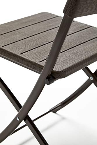 Conjunto Balcón/Terraza Plegable, 1 Mesa + 2 Sillas, Marrón Imitación Madera. Detalle asiento y estrutura. Detalle de silla. Wood Balcón 62C. KG Kit Garden