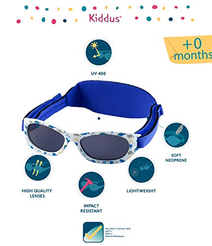 Características de Gafas de sol infantiles de 0 a 2 años, 100% protección UV, MUY CÓMODAS gracias a la SUAVE banda ajustable, diseño Dinosaurios. Kiddus