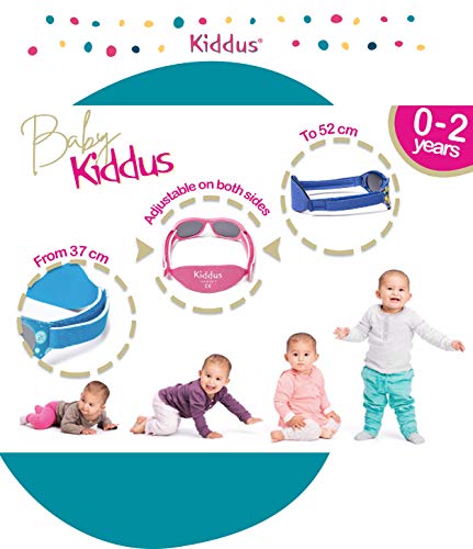 Características de Gafas de sol infantiles de 0 a 2 años, 100% protección UV, MUY CÓMODAS gracias a la SUAVE banda ajustable, diseño Dinosaurios. Kiddus