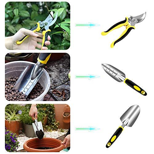 Diversidad de actividades realizadas por cada herramienta del Kit Herramientas Jardinería x3 Pzs. de Aluminio: Podadora, Paleta y Trasplantadora y 10 etiquetas para plantas. AGAKY
