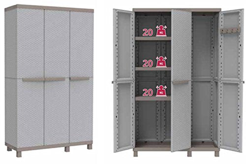 Terry, C-Rattan 102a, Armario Escobero Multifunción 3 Puertas con 2 Compartimentos Separados, Gris, 102x39x170 cm | maxjardin