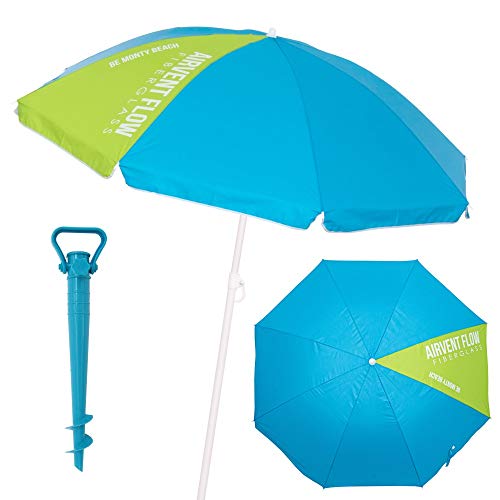 Pack sombrilla de Playa antiviento de Ø 220 cm Azul de Acero y Fibra Vidrio, con Soporte. LOLAhome