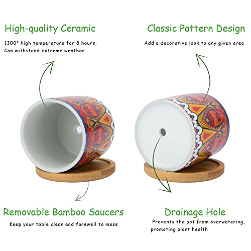 Características de una maceta de cerámica de estilo marroquí Warmplus sobre el platillo de drenaje con un fondo blanco