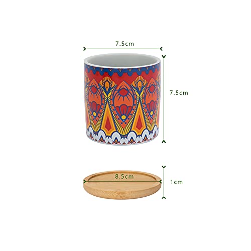 Medidas de una de las macetas pequeñas y el platillo de cerámica decorada Warmplus con estilo marroquí Warmplus