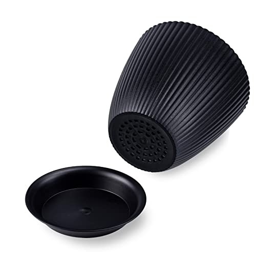 Maceta negra con plato de drenaje sobre fondo blanco