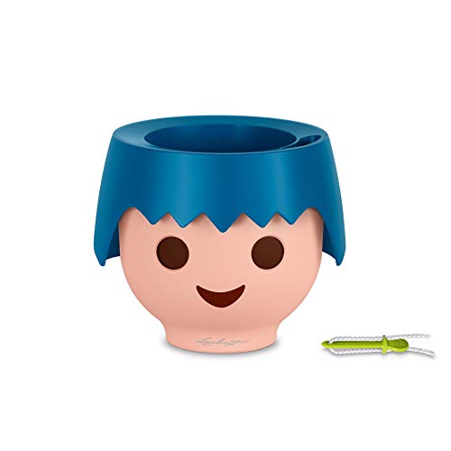 Macetero OJO Ocean Blue con diseño de cabeza de muñeco Playmobil en posición frontal sobre fondo blanco