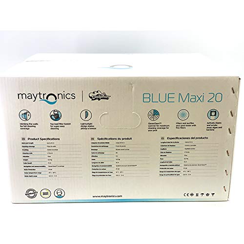 Robot Limpiafondos automático para Piscinas Blue Maxi 20, Fondo y Paredes. Detalle del packaging reverso. Dolphin Maytronics