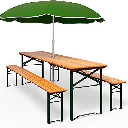 Sombrilla puesta en Mesa cervecera con Agujero para sombrilla y 2 Bancos. Set de 1 Mesa y 2 Bancos de Madera Pino Plegables Eventos jardín. Casaria | maxjardin