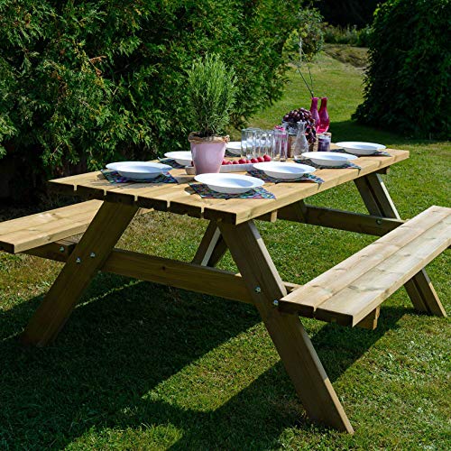 Conjunto en jardín a punto de comer con la Mesa con bancos corridos de Madera Tratada certificada FSC para 6-8 Personas, 165 x 154 x 75 cm 20/25 mm, Essential. KSU12894. GARDIUN