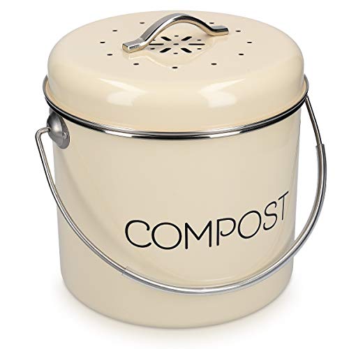 Cubo de Metal para Compost - Contenedor de Basura orgánica con Tapa y 3X Filtro de 21.5 x 23.2 CM - Compostera Vintage para la Cocina de 5 L. Navaris | maxjardin