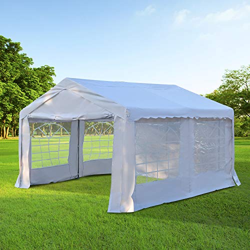 Carpa 4x4m, 4 Laterales, 4 Ventanas, Acero PE Blanco, Protección UV. Vista en jardín. Outsunny