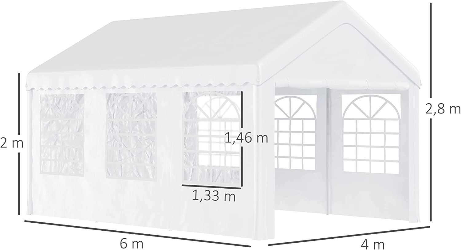 Medidas del Pabellón 6x4m 4 Paneles Laterales 6 Ventanas, Acero PE Blanco. Outsunny