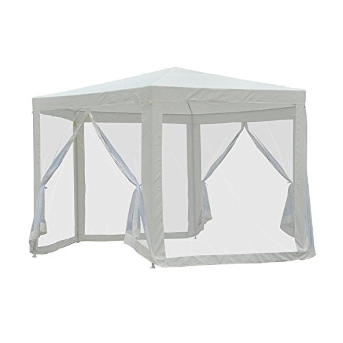 Carpa Hexagonal con Mosquitera φ3.9m Poliéster Repelente al Agua, Color Crema. Vista con mosquiteras.Outsunny