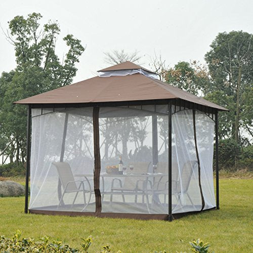 Carpa Color Café de 3x3m Elegante con Mosquitera. Techo con Ventilación. Detalle ambiente con mosquiteras. Outsunny.