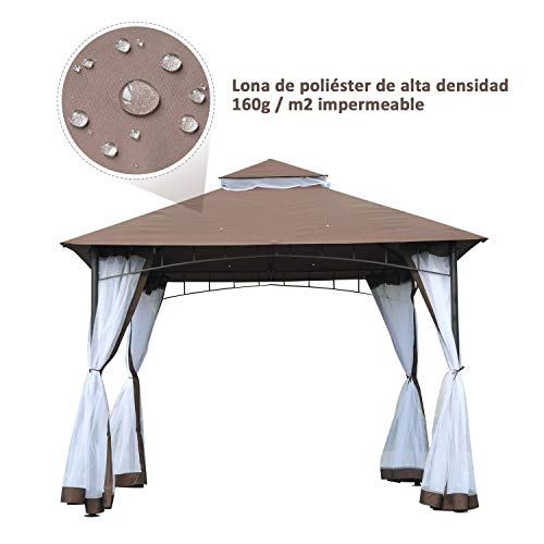 Carpa Color Café de 3x3m Elegante con Mosquitera. Techo con Ventilación. Detalle lona impermeable. Outsunny.