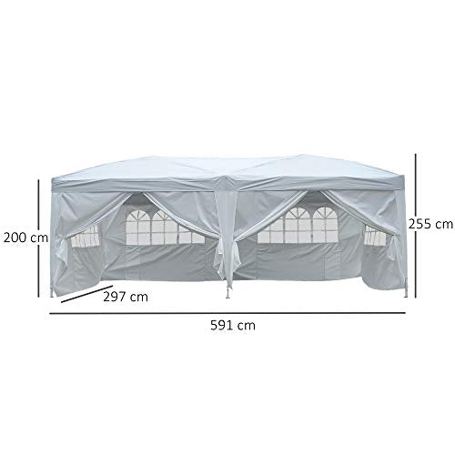 Carpa Plegable en Acordeon 4 Paneles Laterales 2 Cortinas +Bolsa Transporte 5,91x2,97x2,55 m Blanco. Medidas. Outsunny