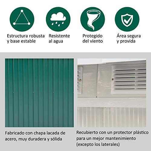 Caseta de Jardín Tipo Cobertizo Metálico para Almacenamiento de Herramientas Base Incluida 277x130x173cm Acero. Características. Outsunny