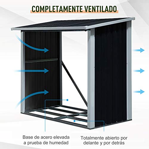 Cobertizo leñero de exterior. Imbornal para Jardín Exteriores con Techo Inclinado 182x89x136/148 cm Gris Oscuro. Detalle de ventilación. Outsunny