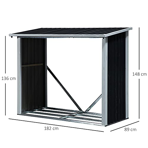 Casetilla para Leña de Acero Galvanizado Cobertizo Leñero Almacenaje con Imbornal para Jardín Exteriores con Techo Inclinado 182x89x136/148 cm Gris Oscuro. Medidas. Outsunny | maxjardin