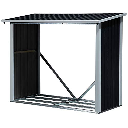 Cobertizo leñero de exterior. Imbornal para Jardín Exteriores con Techo Inclinado 182x89x136/148 cm Gris Oscuro. Vista general. Outsunny