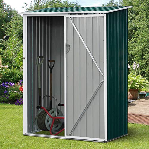 Detalle ambiente de jardín del Cobertizo de Acero Tipo Caseta de Jardín Terrazas Galvanizado Almacén para Herramientas Jardinería con Techo y Una Puerta 143x89x186cm. Outsunny