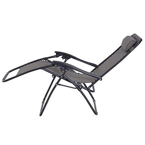 Conjunto de 1 Mesa y 2 Tumbonas Set Exteriores Plegable y Portátil para Jardín Playa Relajante con Respaldo Reclinable Textilene Acero Gris. Tumbona reclinada de perfil. Outsunny