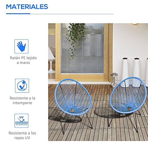 Conjunto de 2 Sillas de Jardín de Ratán Pack 2 Sillas Acapulco Forma Ovalada con Reposabrazos Respaldo Alto Interior Exterior 73x77x87 cm Azul. Vista en terraza y características. Outsunny | maxjardin