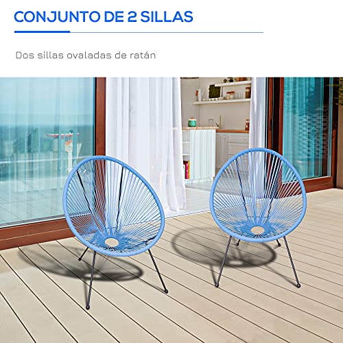 Conjunto de 2 Sillas de Jardín de Ratán Pack 2 Sillas Acapulco Forma Ovalada con Reposabrazos Respaldo Alto Interior Exterior 73x77x87 cm Azul. Vista de conjunto de sillas en terraza. Outsunny | maxjardin