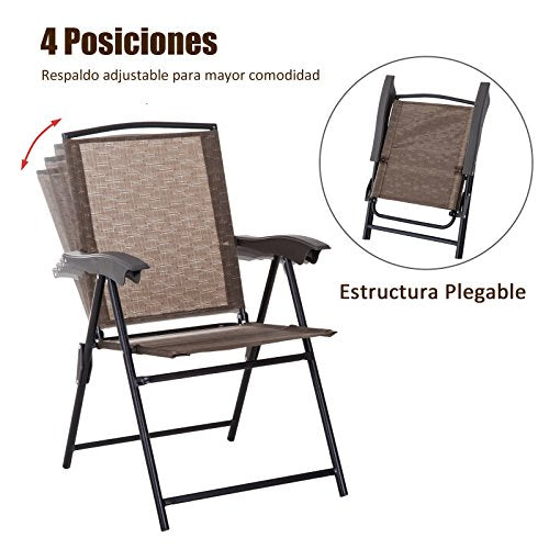 Conjunto Mesa y 2 Sillas Plegables para Exterior con Respaldo Reclinable a 4 Niveles con tejido Textilene y Marco de Acero Marrón. Detalle plegable y respaldo con 4 posiciones. Outsunny